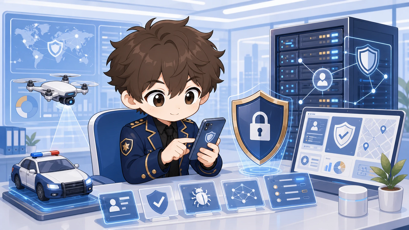 Q 版示意圖：M-Police、資安基礎與資訊安全管理