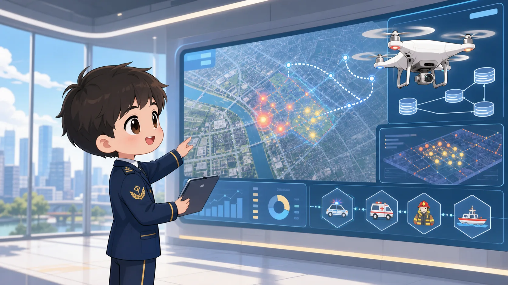 Q 版示意圖:網站、資料分析與無人機延伸